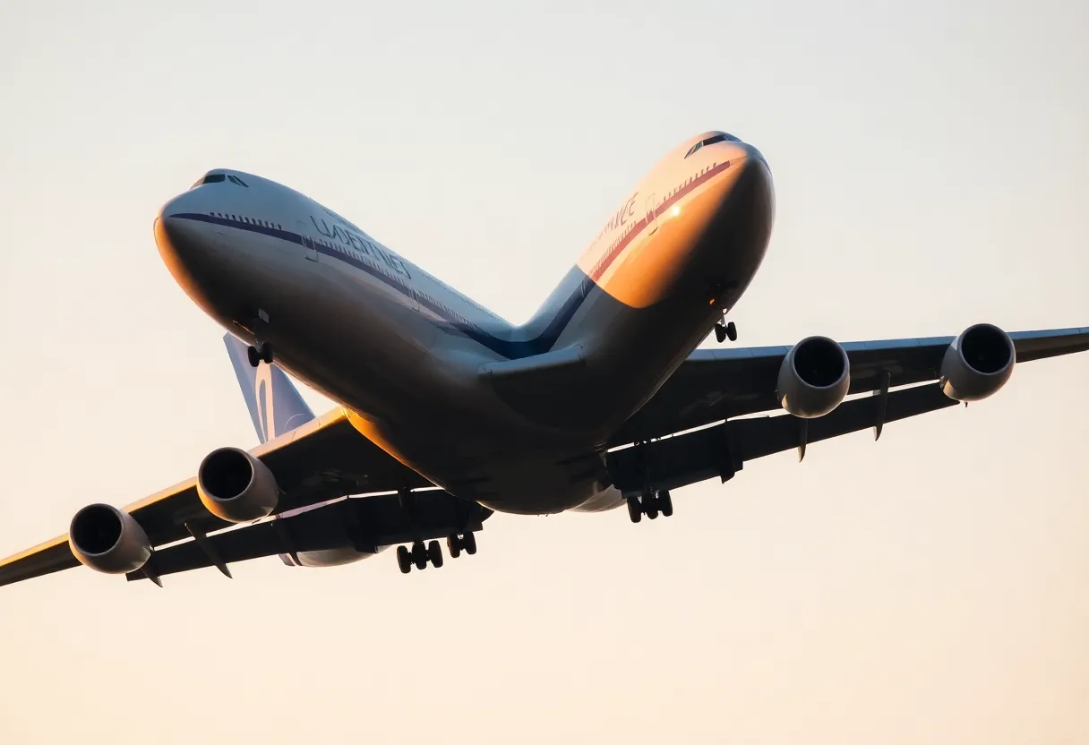 A Boeing 747 soaring in the sky during sunset.