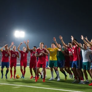A football team celebrating on the field under bright stadium lights.