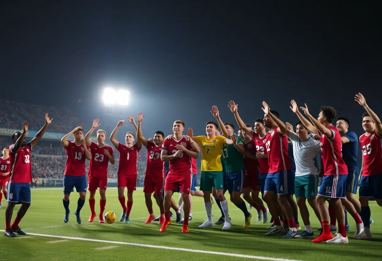 A football team celebrating on the field under bright stadium lights.