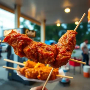 A close-up view of chicken on a stick served at a gas station in Oxford.