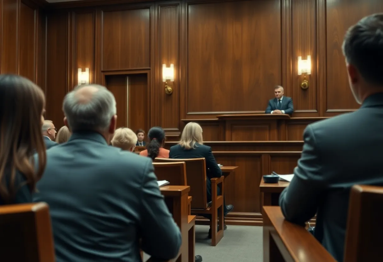 Illustration of a courtroom during mistrial proceedings