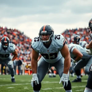 Defensive lineman demonstrating strength on the football field