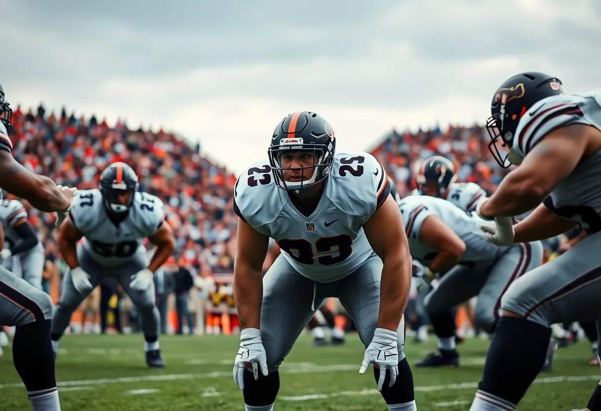 Defensive lineman demonstrating strength on the football field
