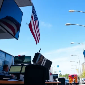 Emergency personnel working in the operations center during a tornado warning