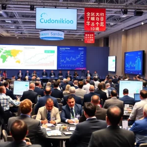 Attendees at a global business conference discussing trade policies.