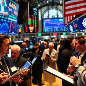 Traders in a bustling stock market reacting to news of a potential trade deal.