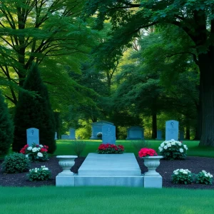 Gravesite surrounded by flowers and trees