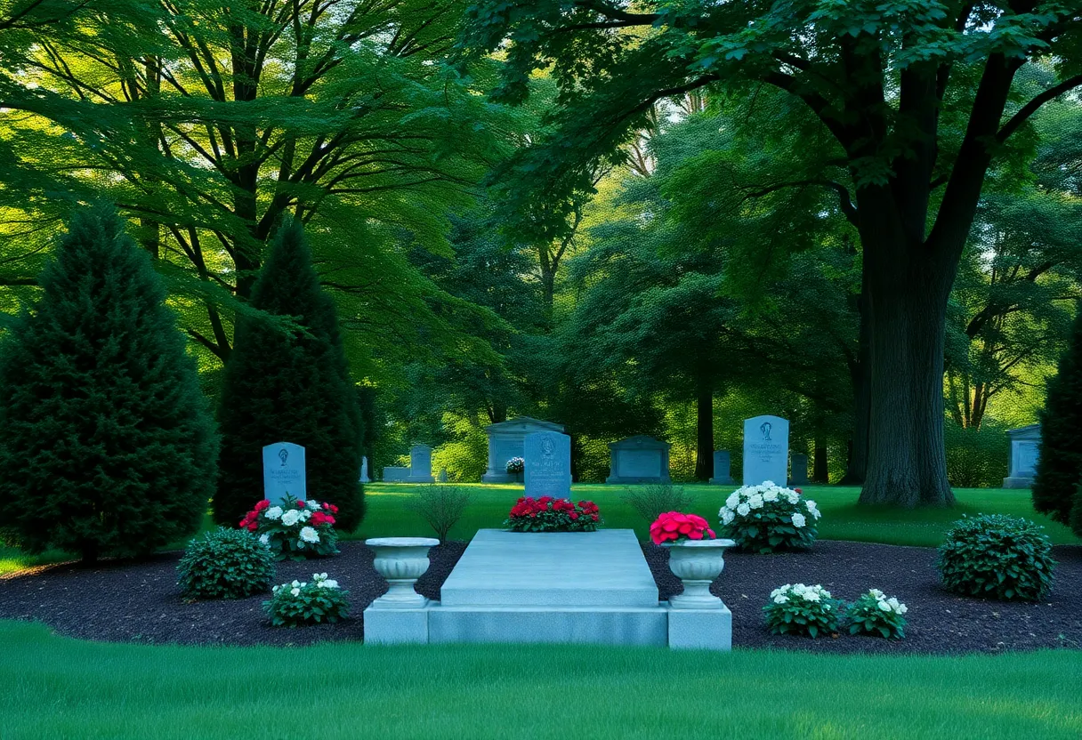 Gravesite surrounded by flowers and trees