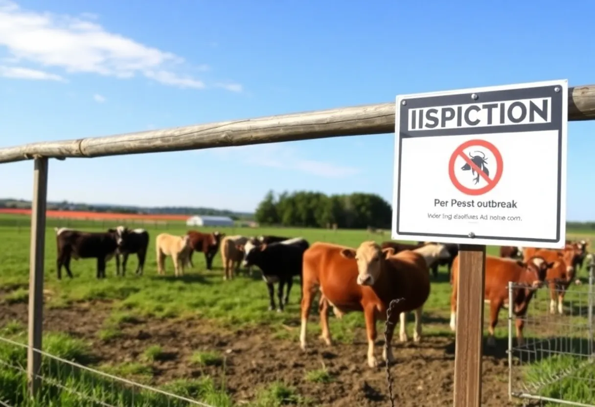 Farm landscape with healthy livestock under pest inspection.