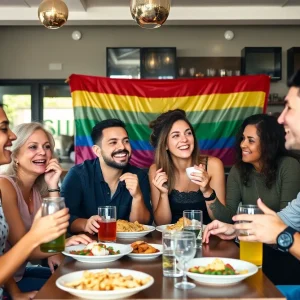 A diverse group celebrating inclusivity at a café with a rainbow flag.