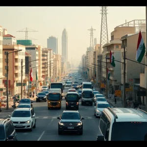 An urban scene in Iran during a power outage, emphasizing traffic chaos