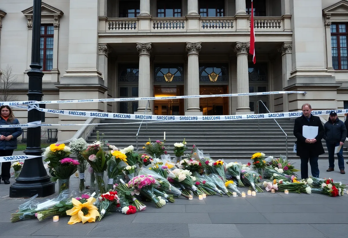 Memorial at the site of the Jewish Museum shooting with flowers and candles.