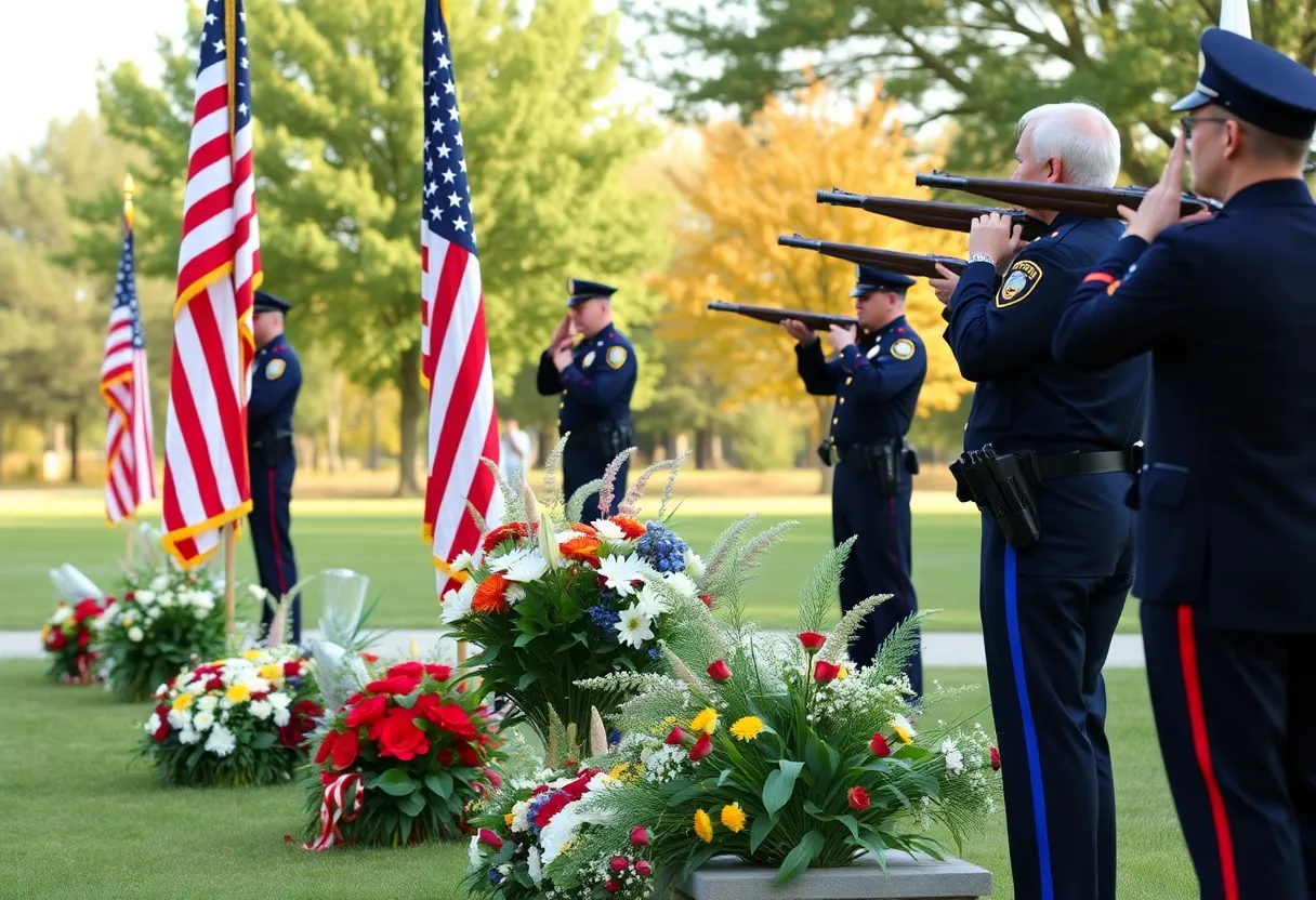 A memorial ceremony for law enforcement officers with a gun salute and community members present.