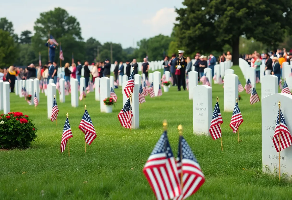 Community members placing flags at veterans' gravestones during Memorial Day ceremony