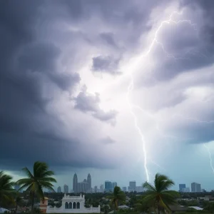 Dramatic storm clouds and lightning over Memphis skyline