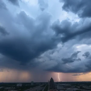 Dark storm clouds gathering over sunny Memphis