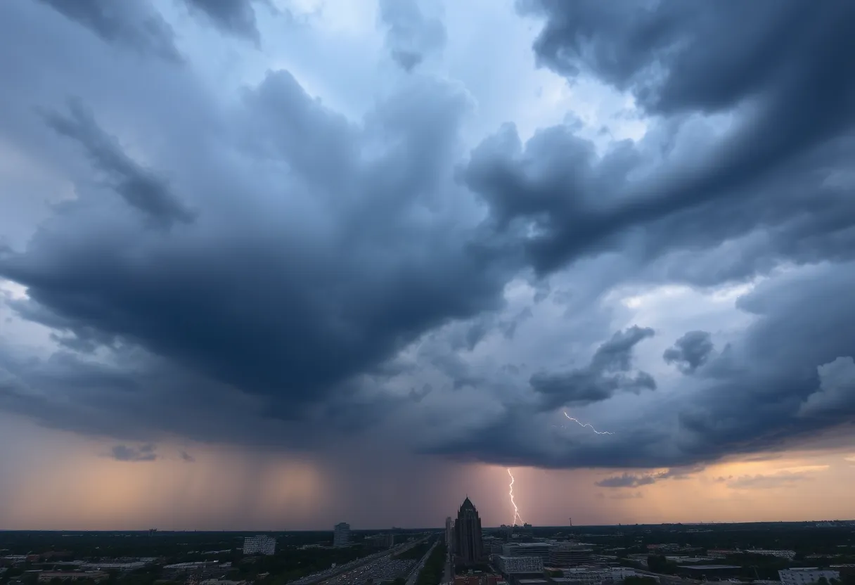 Dramatic storm clouds looming over Memphis city skyline