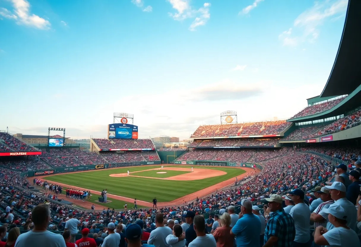 NCAA baseball game unfolding at Swayze Field with players and fans in vibrant colors.