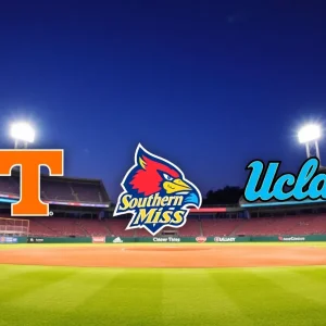 Baseball field with college team mascots and banners