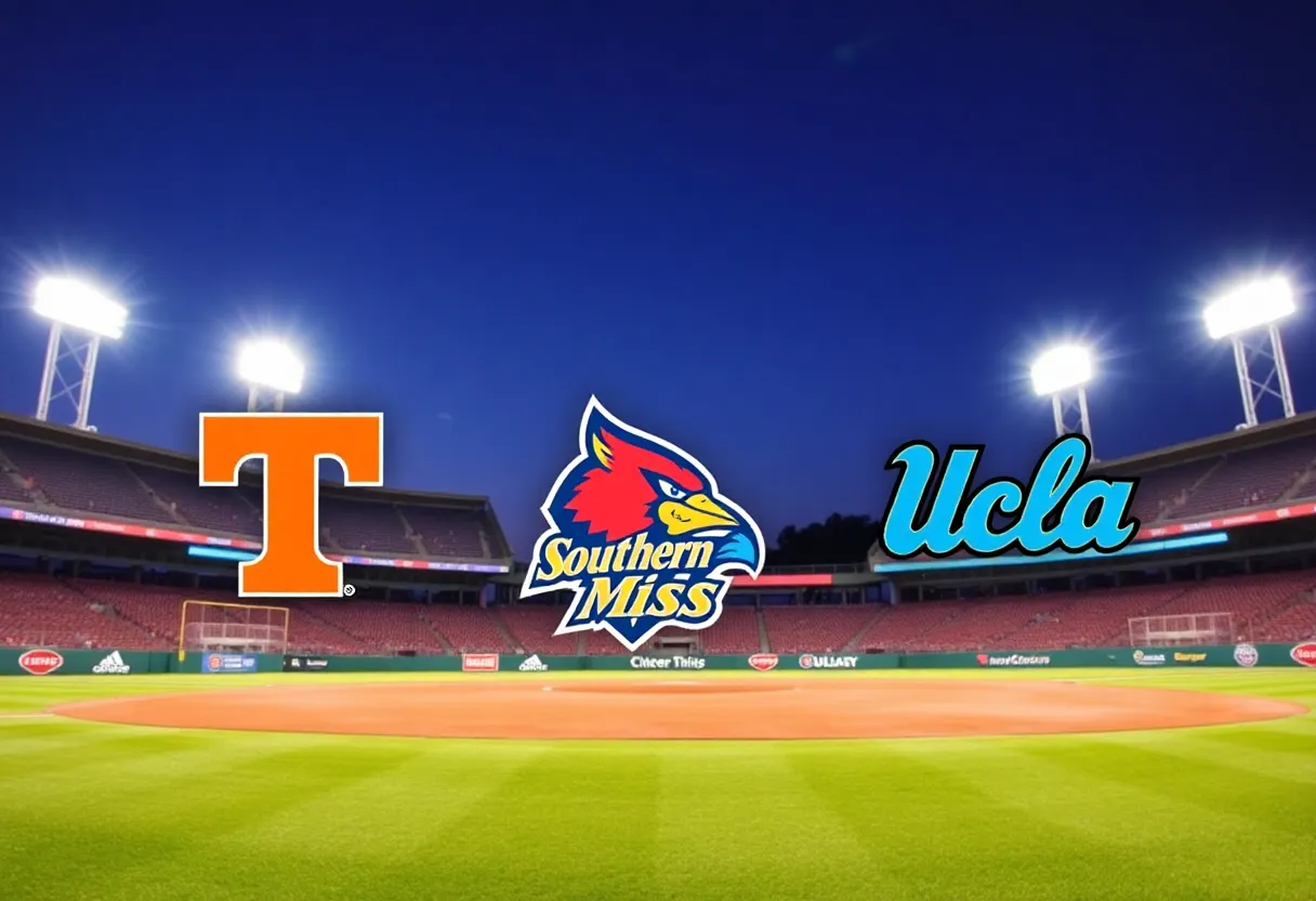 Baseball field with college team mascots and banners