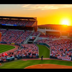 Crowd cheering at NCAA baseball game in packed stadium.