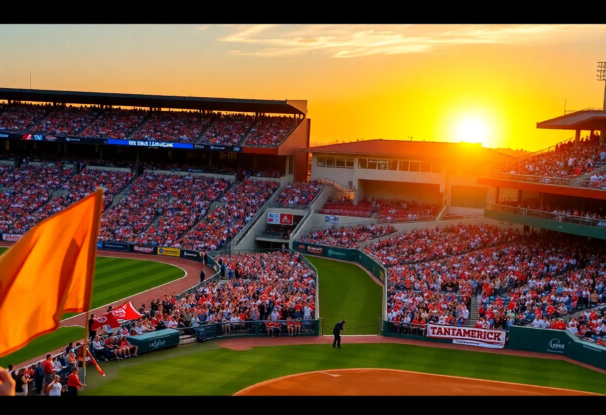 Crowd cheering at NCAA baseball game in packed stadium.