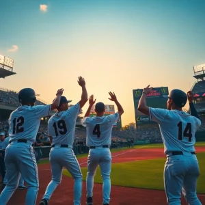 Celebration of Ole Miss baseball players after hitting a home run