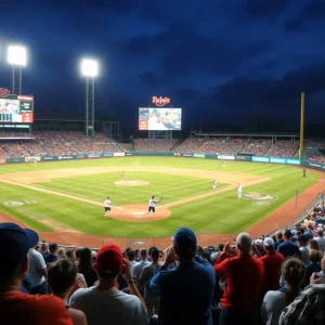 Fans celebrating during Ole Miss baseball game victory.