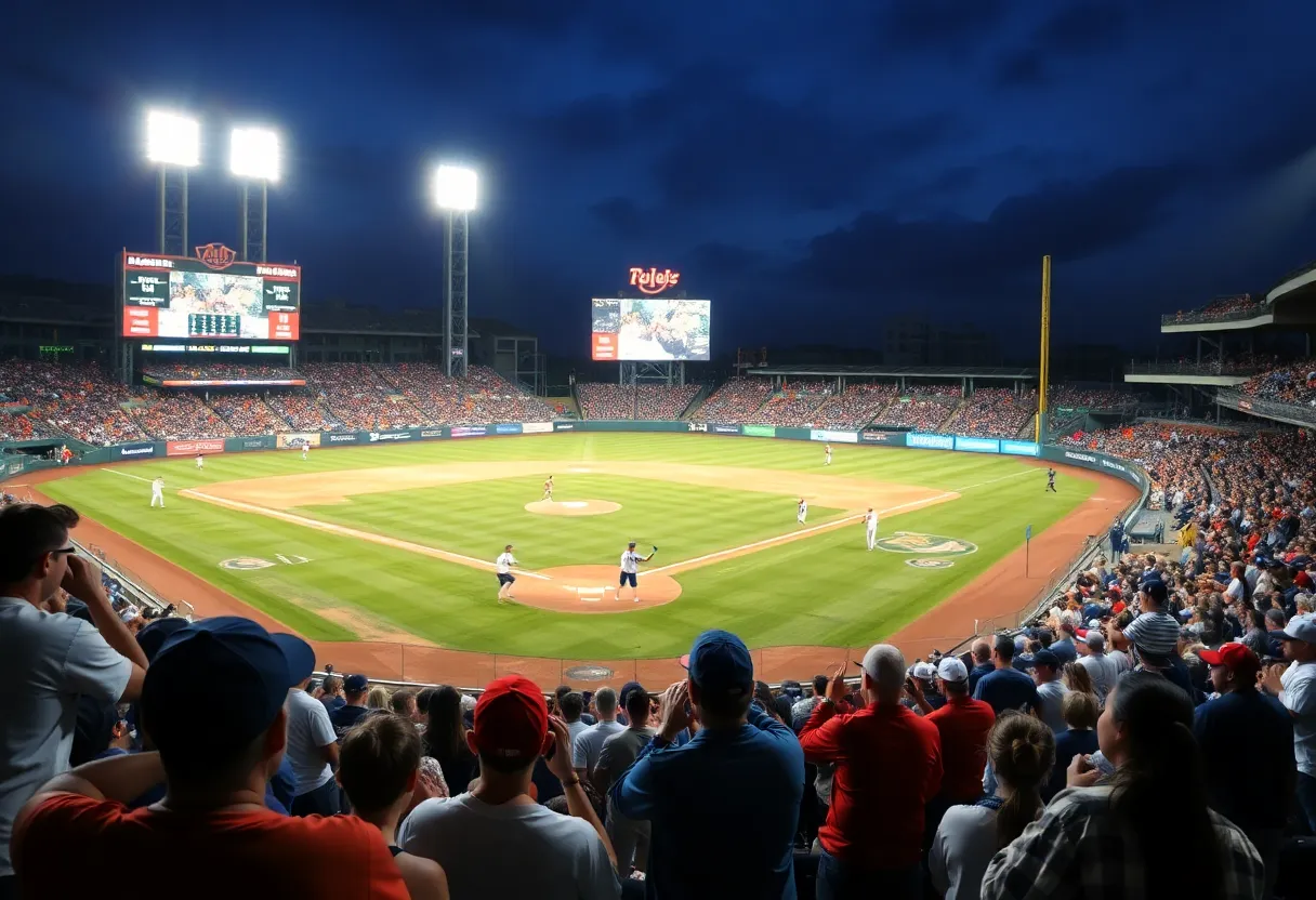 Fans celebrating during Ole Miss baseball game victory.