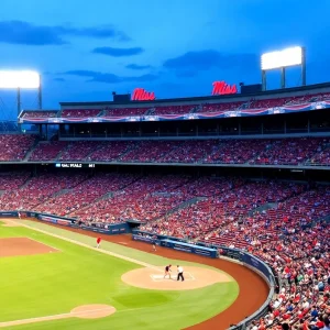 Ole Miss baseball players during a postseason game at Swayze Field