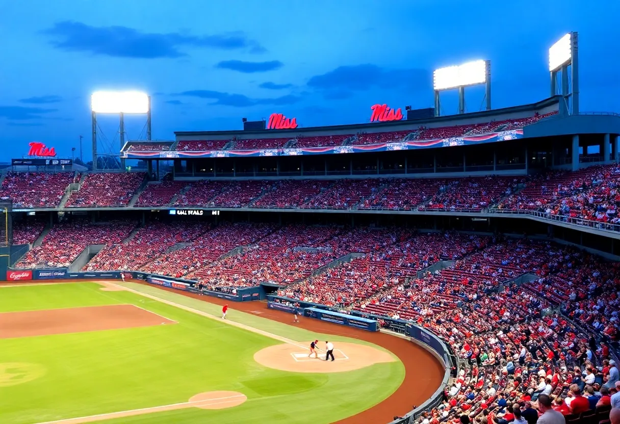 Ole Miss baseball players during a postseason game at Swayze Field