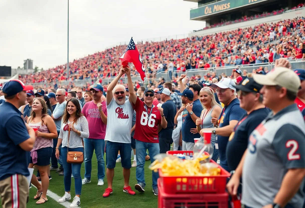 Fans celebrating during Ole Miss football game tailgating