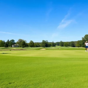 College golf championship scene with players on the green.