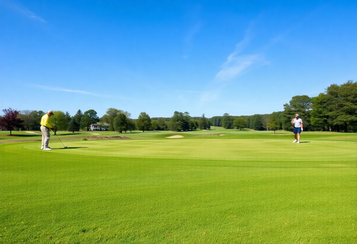 College golf championship scene with players on the green.