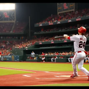 Ole Miss Rebels player hitting a double in a baseball game.