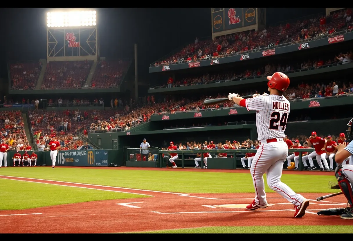 Ole Miss Rebels player hitting a double in a baseball game.