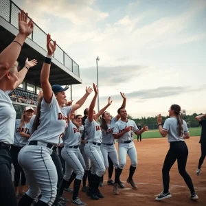 Ole Miss softball team celebrating after a game