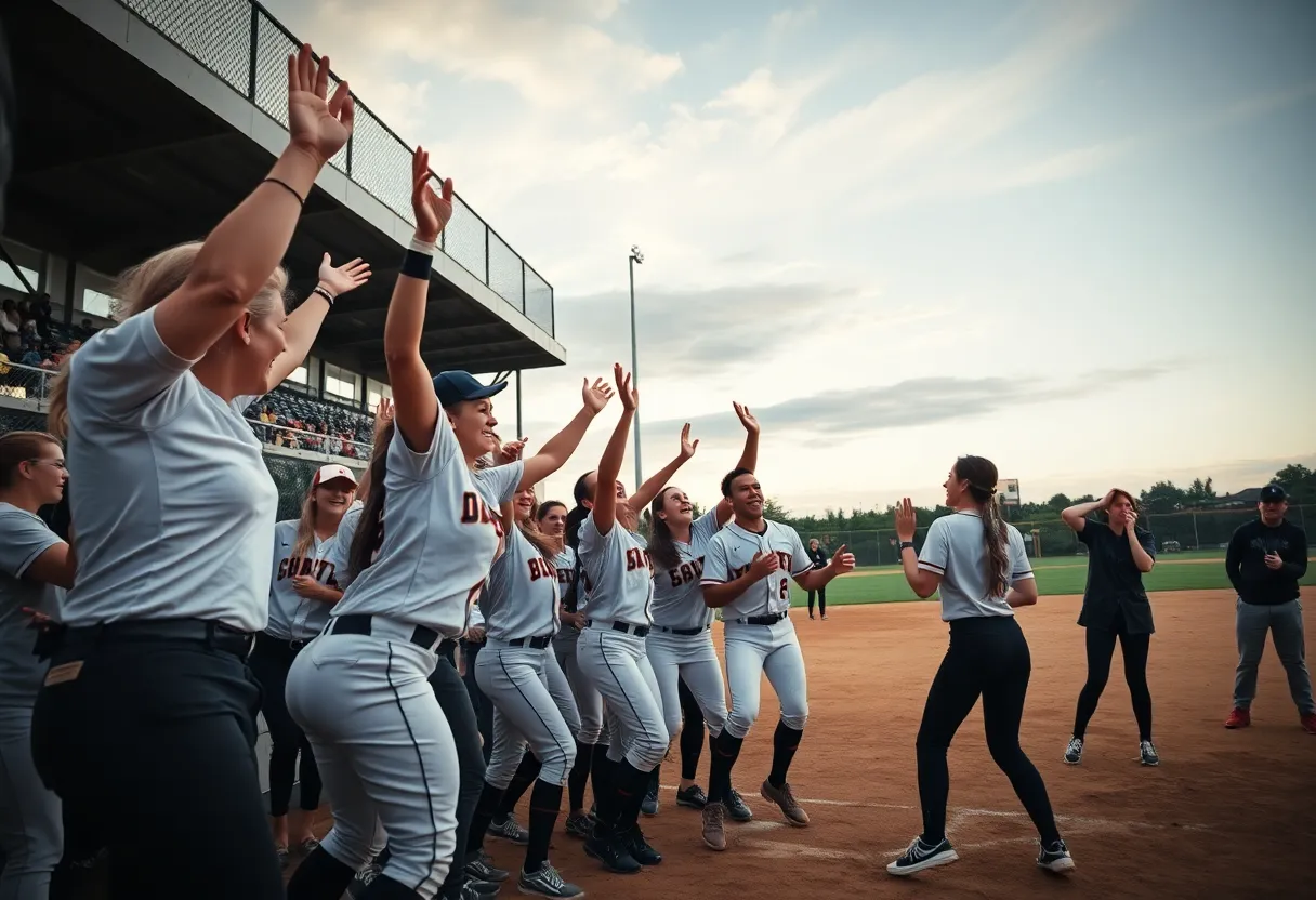 Ole Miss softball team celebrating after a game