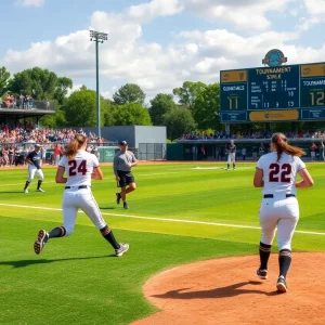 Ole Miss Rebels softball players in action during a tournament game