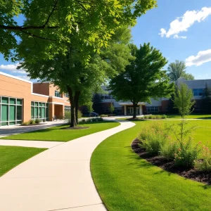 Exterior view of Oxford High School with trees and blue sky