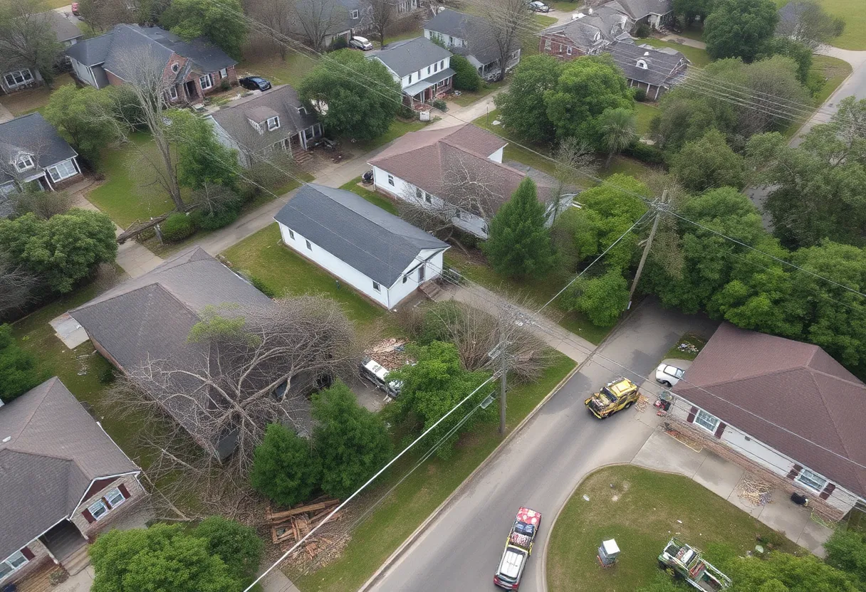 Aerial view of storm damage in Oxford, Mississippi with fallen trees and power lines.