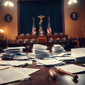 Courtroom scene representing political investigation