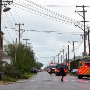 Emergency responders working on downed power lines in Oxford MS after a storm
