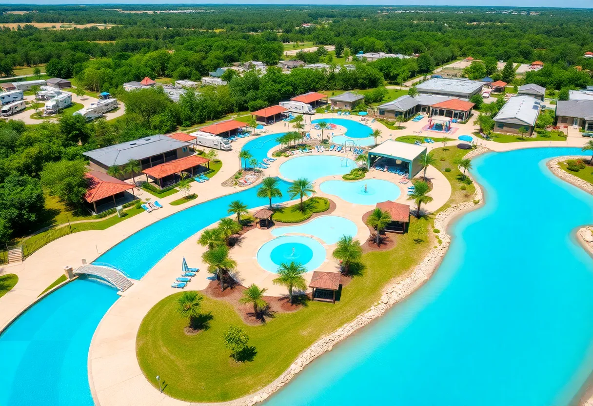 View of Roundabout Oxford RV park with water attractions and green landscaping