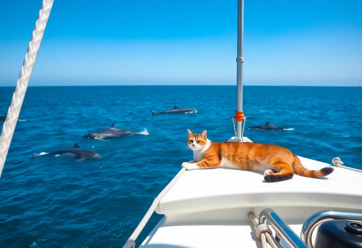 A sailboat with a cat on deck sailing across the Pacific Ocean.
