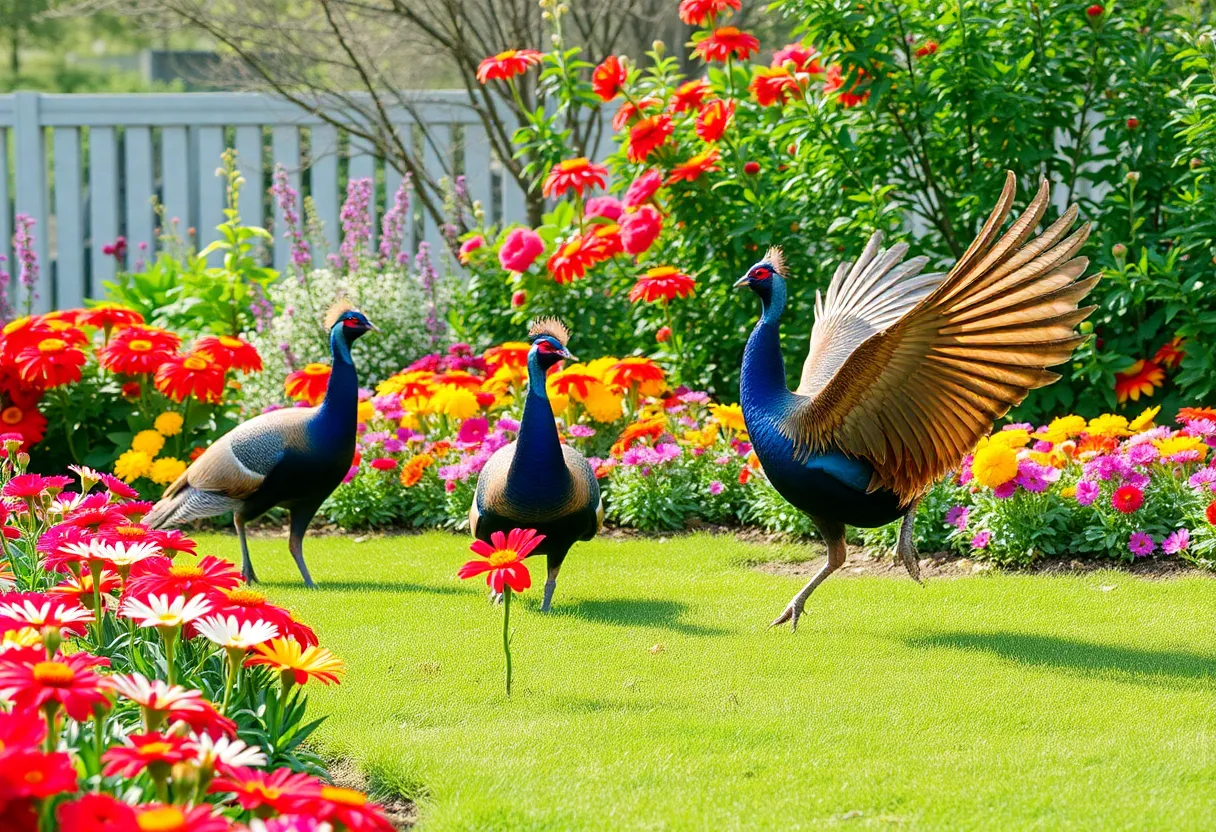 A peaceful garden with flowers and peafowl, reflecting the tranquility of Betty Magee Roberts' later years.