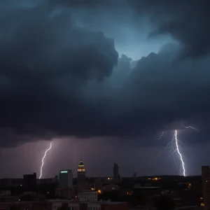 Dramatic storm clouds hovering over Memphis with flashes of lightning.