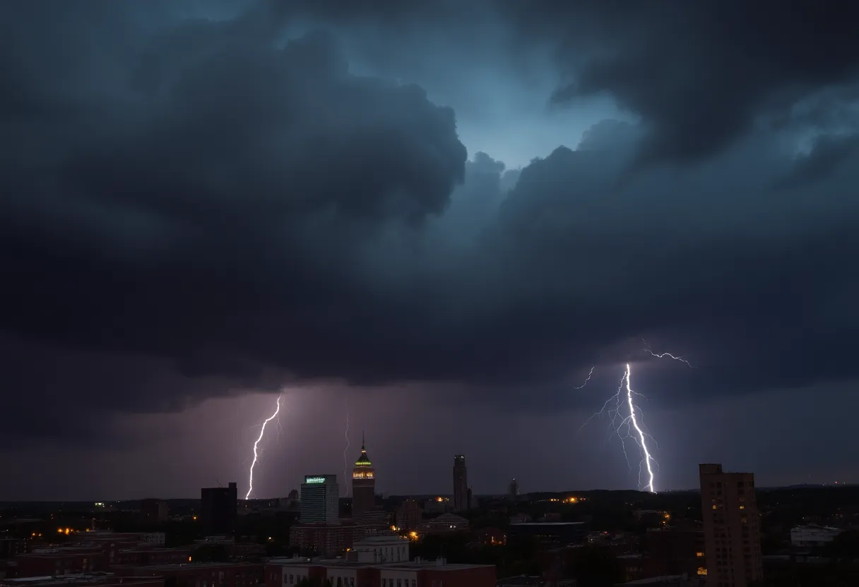 Dramatic storm clouds hovering over Memphis with flashes of lightning.