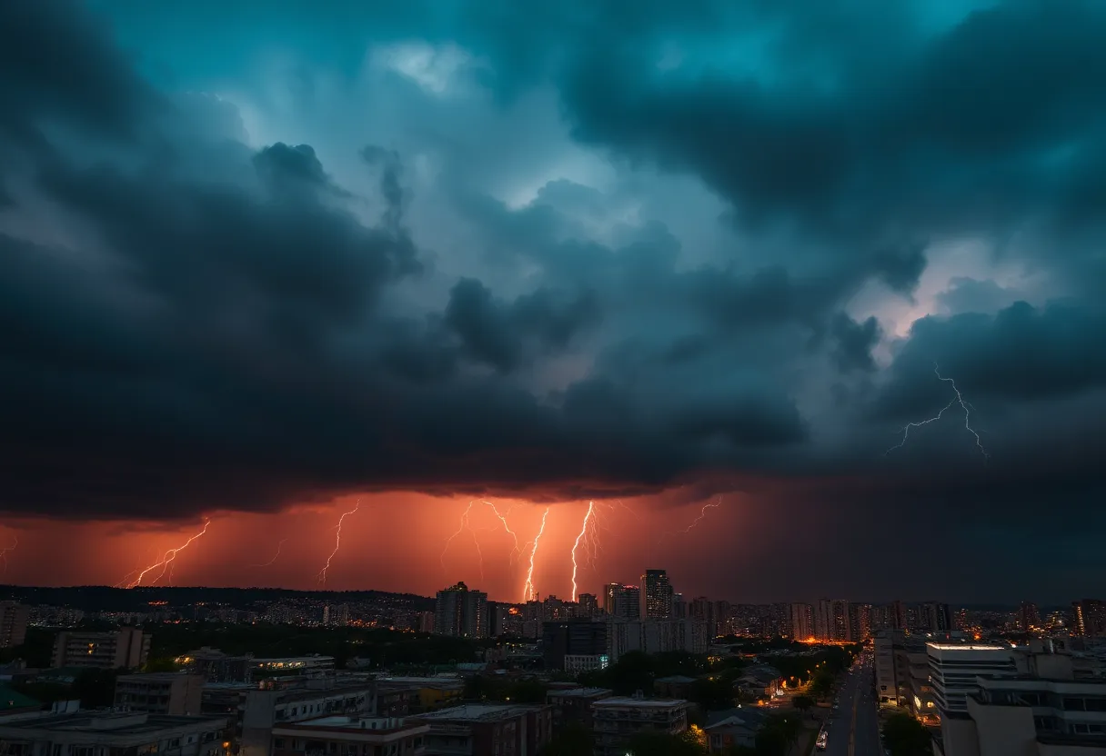 Stormy clouds over Memphis skyline with lightning