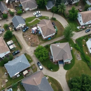 Community members assisting in storm recovery efforts in St. Louis with damaged buildings in the background.